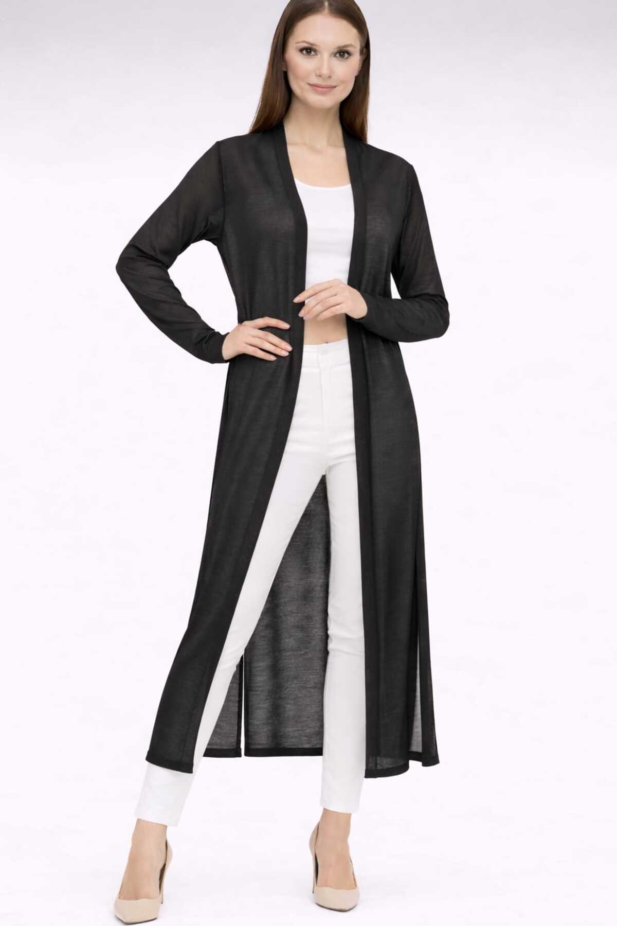 Neden Tekstil  Uzun İnce Triko Hırka Düz Kesim Mevsimlik Salaş Yırtmaç Detaylı Hırka