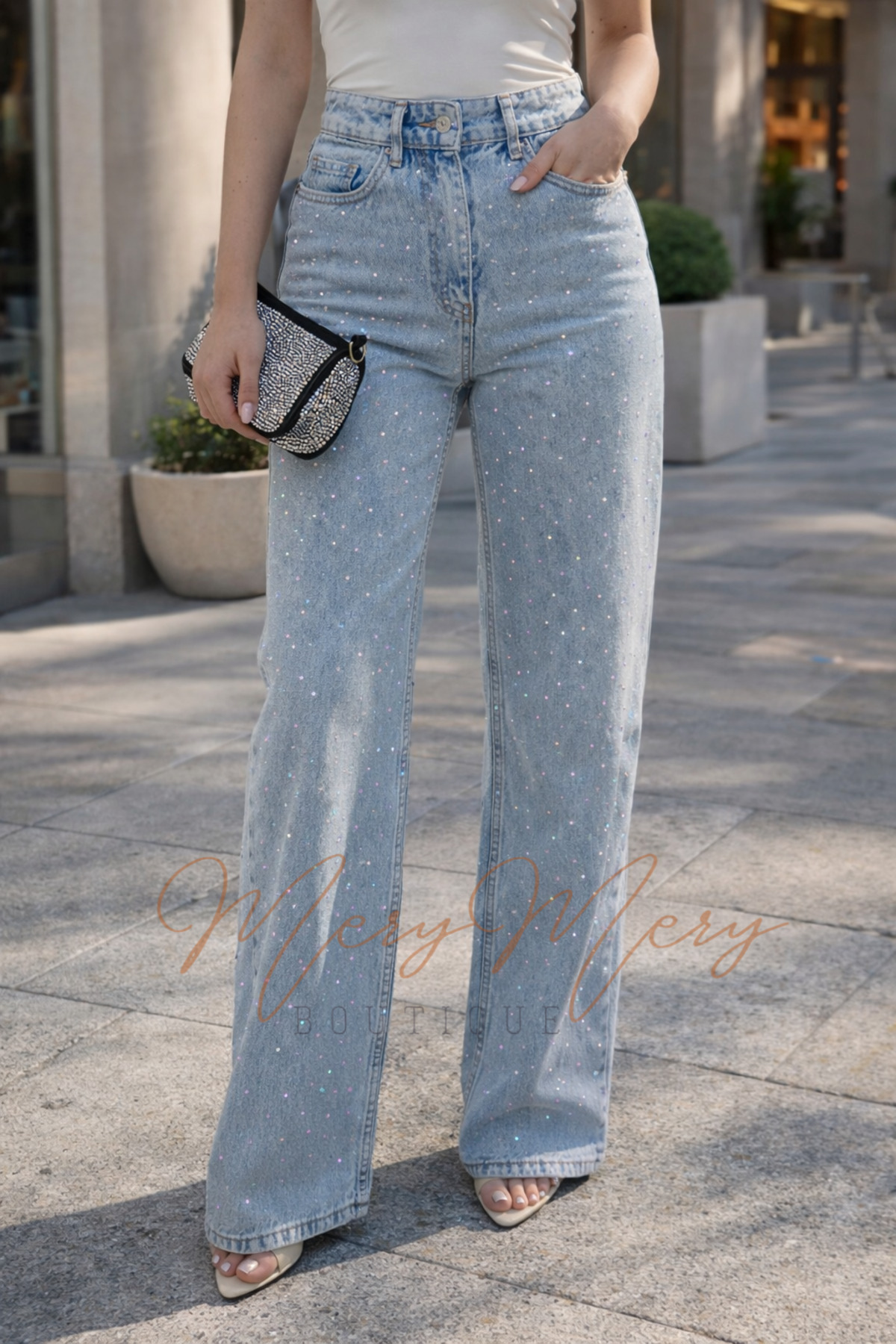 MADAMMERY  Parlak Taşlı Palazzo Açık Mavi Jean Muadil Esnek Rahat Kalıp
