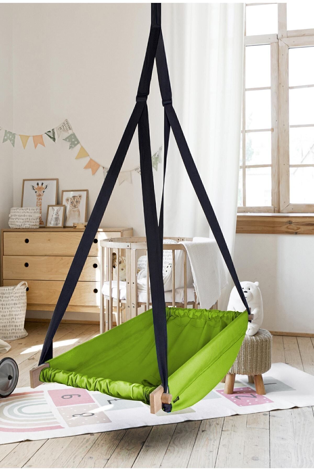 Bundeba Flow Yeşil Ahşap Yaylı Zıpzıp Hamak Beşik Hoppala Tavana Asılan Hamak Salıncak Bebek Yatağı fotoğrafı 2 (önizleme)