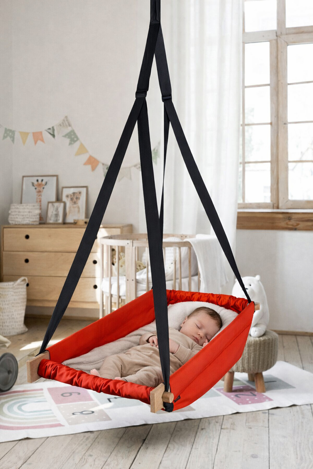 Flow Red Hammock Crib Wooden Spring Bouncy Hoppala Ceiling Hanging Hammock Swing Baby Bed