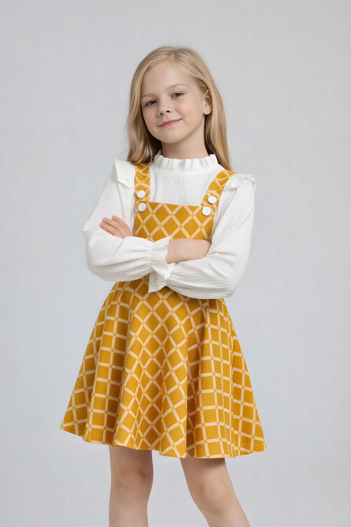 FESSHERA KİDS Kız Çocuk Baklava Desen Salopet Jile ve Fitilli Bluz Takım - Fırfırlı 2'li Alt Üst Set fotoğrafı 3 (önizleme)