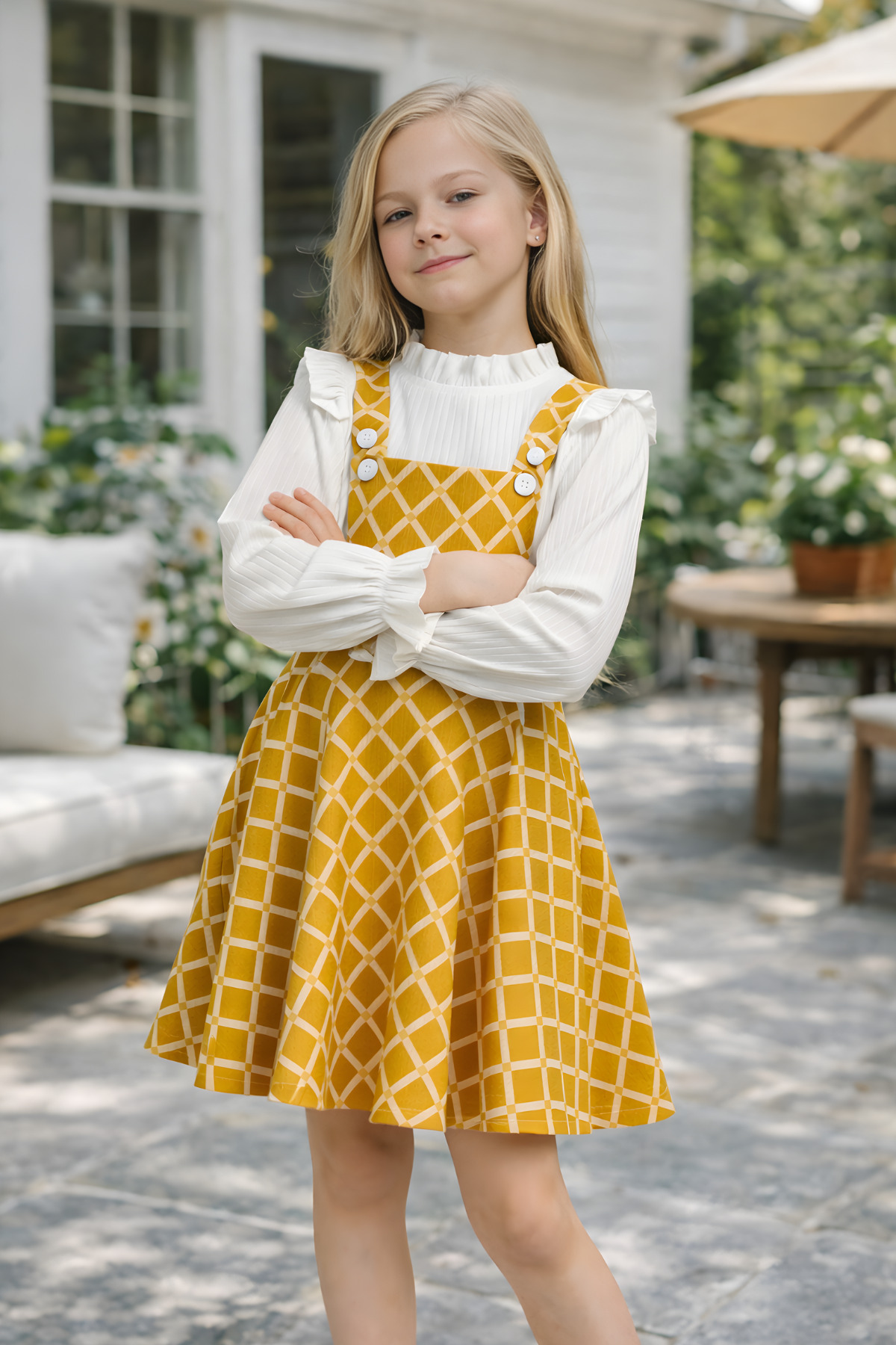 FESSHERA KİDS Kız Çocuk Baklava Desen Salopet Jile ve Fitilli Bluz Takım - Fırfırlı 2'li Alt Üst Set fotoğrafı 4 (önizleme)