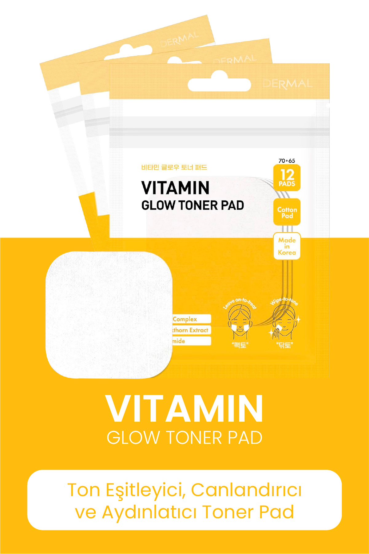 Vitamin Glow Canlandırıcı Aydınlatıcı Işıltı Etkili Tonik Pedi 12 Adet Cilt Bakım Toner Pedi — DERMAL/PAD/013
