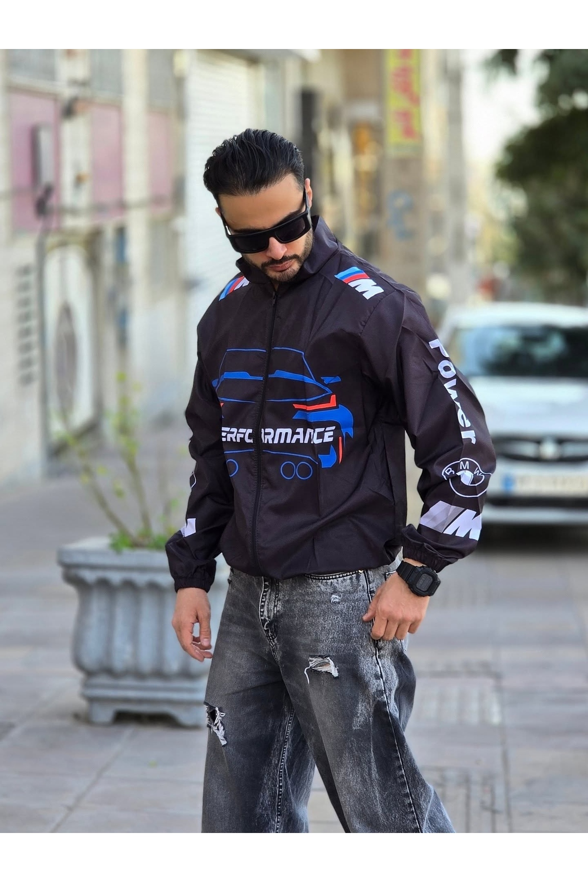BMW //M Retro Unisex Paraşüt Kumaş Oversize Dijital Baskılı Siyah Rüzgarlık Yağmurluk İnce Ceket — سرمه‌ای LSHN2BMW1 — تصویر 5 از 6