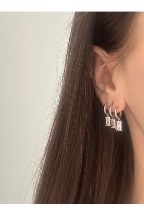 SLONS Üçlü Görünümlü Silver Baget Taşlı Küpe