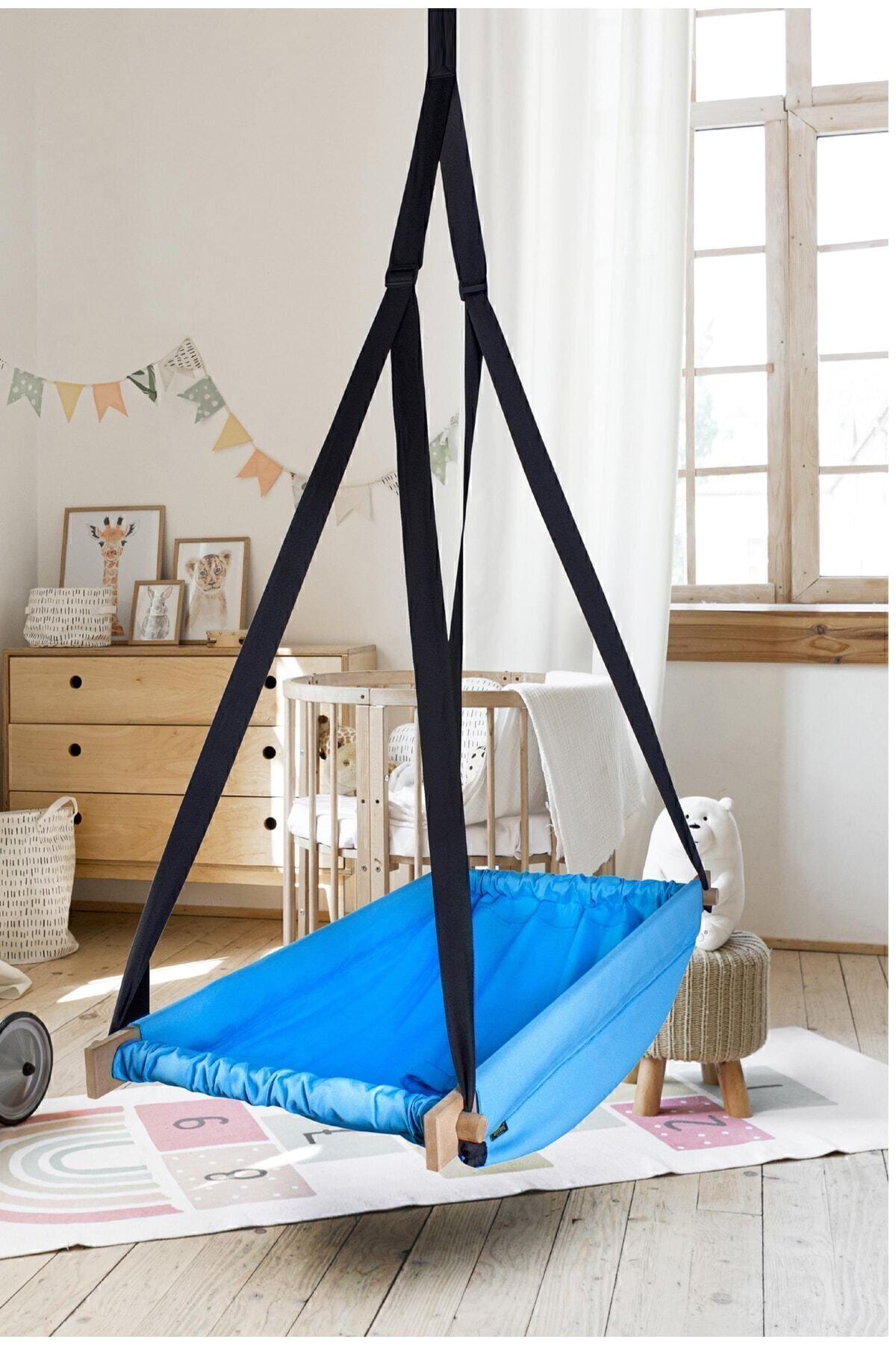 Bundeba Flow Mavi Ahşap Yaylı Zıpzıp Hamak Beşik Hoppala Tavana Asılan Hamak Salıncak Bebek Yatağı fotoğrafı 2 (önizleme)