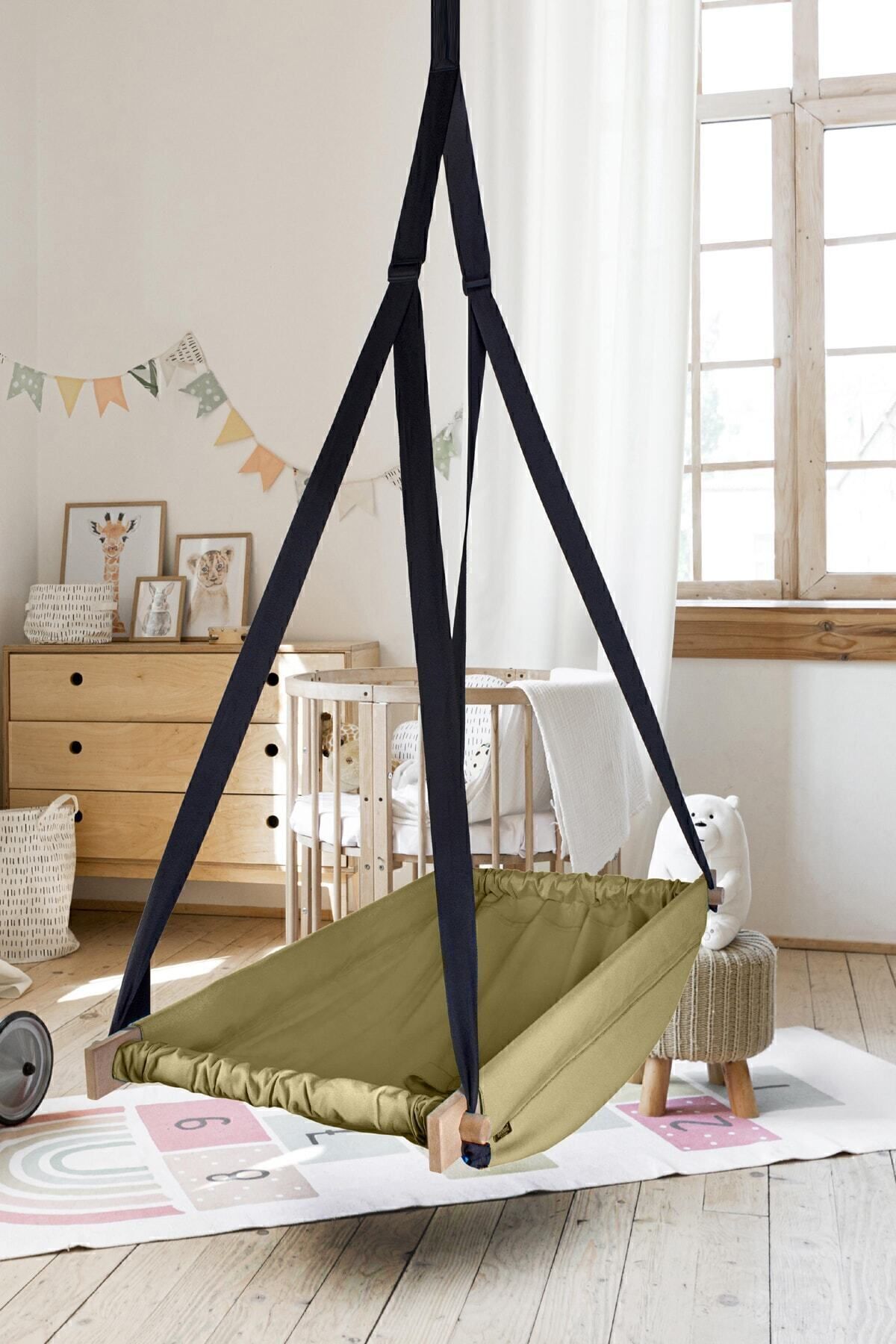 Bundeba Flow Kahverengi Ahşap Yaylı Zıpzıp Hamak Beşik Hoppala Tavana Asılan Hamak Salıncak Bebek Yatağı fotoğrafı 2 (önizleme)