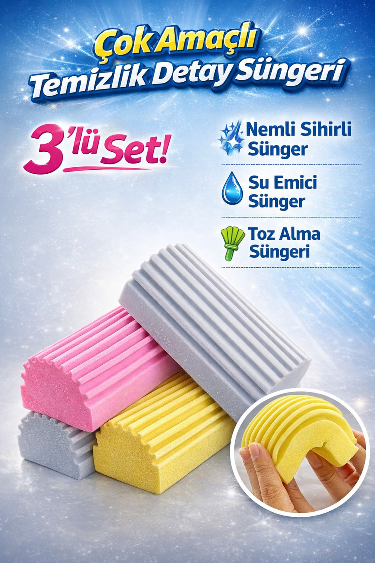 Manosta ( 3 Adet) Çok Amaçlı Temizlik Detay Süngeri Nemli Sihirli Sünger Su Emici Ve Toz Alma Süngeri - Fiyatı, Yorumları
