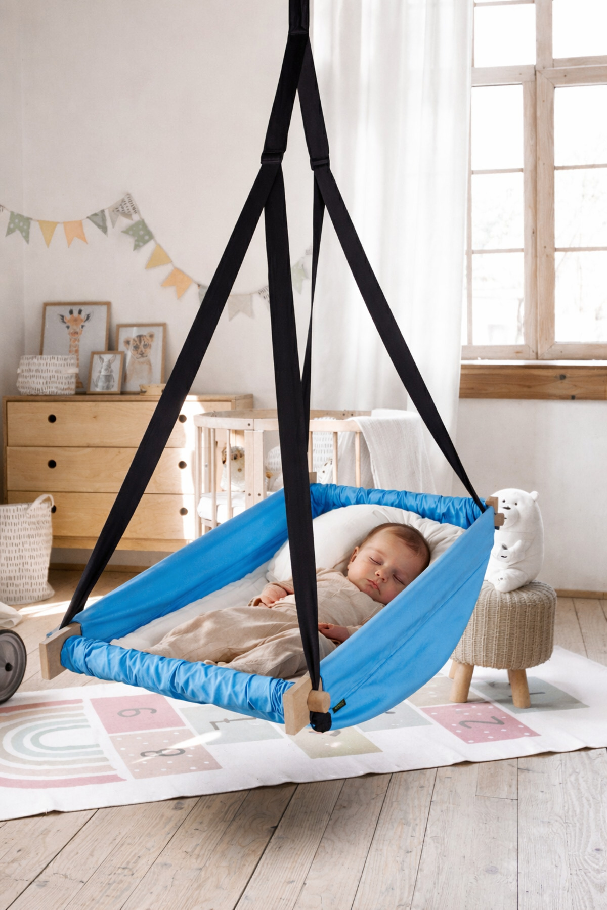 Flow Blue Wooden Spring Hopping Hammock Crib Hoppa Hammock Hanging on the Ceiling Swing Baby Bed