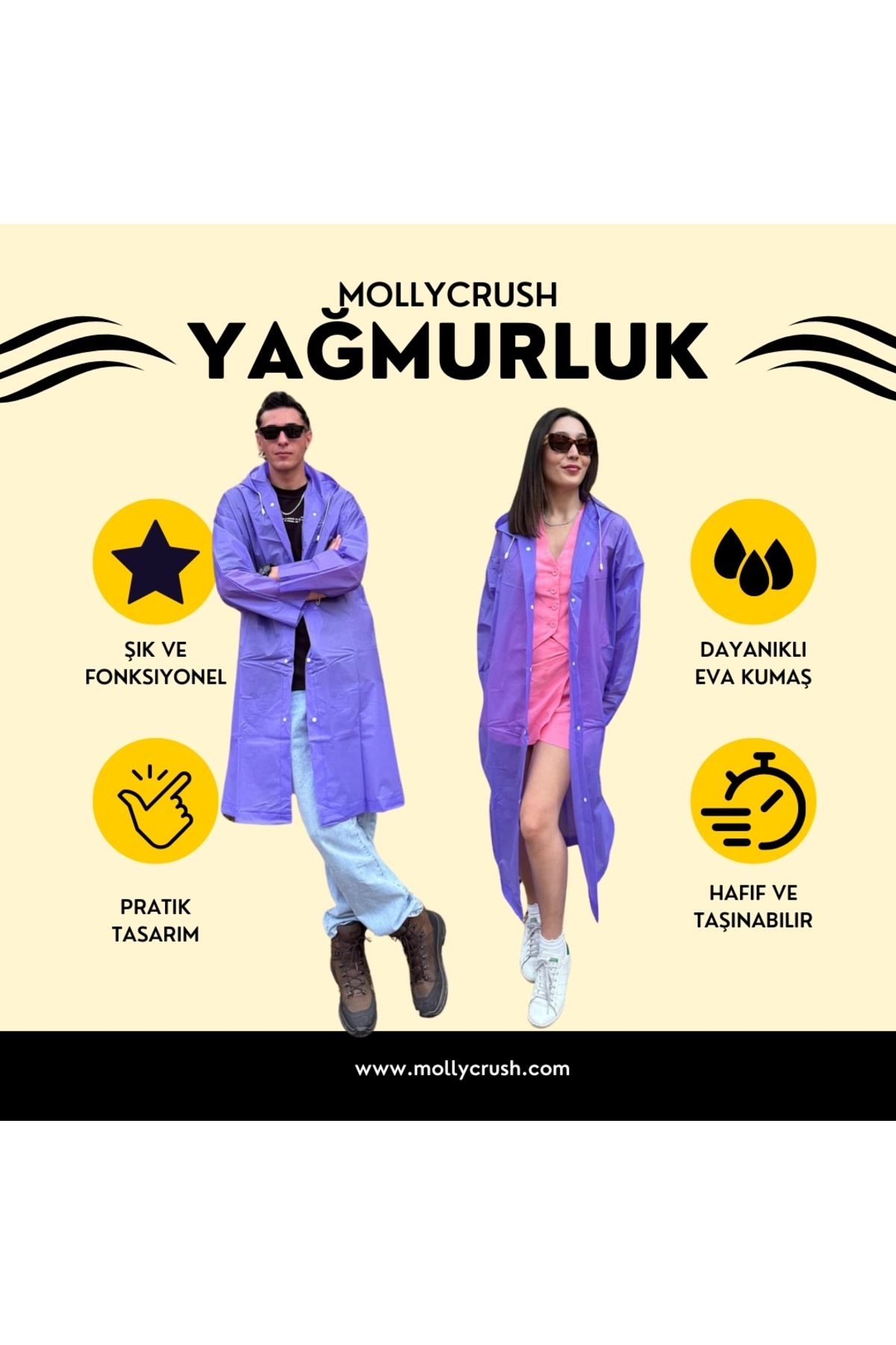 بارانی ضد آب، بادگیر، کلاه دار، دکمه دار، مشکی اوا — mollyyağmurluk — تصویر 7 از 7