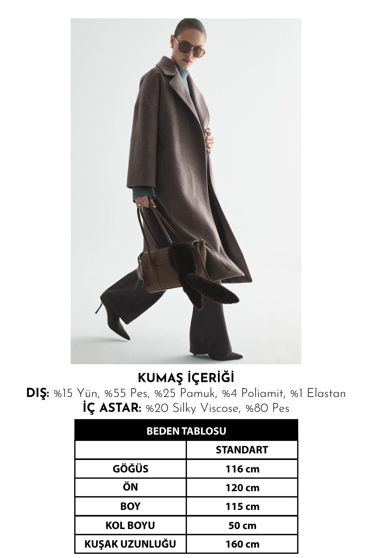 Zeyyen  KAŞMİR DOKULU KUŞAKLI UZUN KABAN KAHVERENGİ - Görsel 3