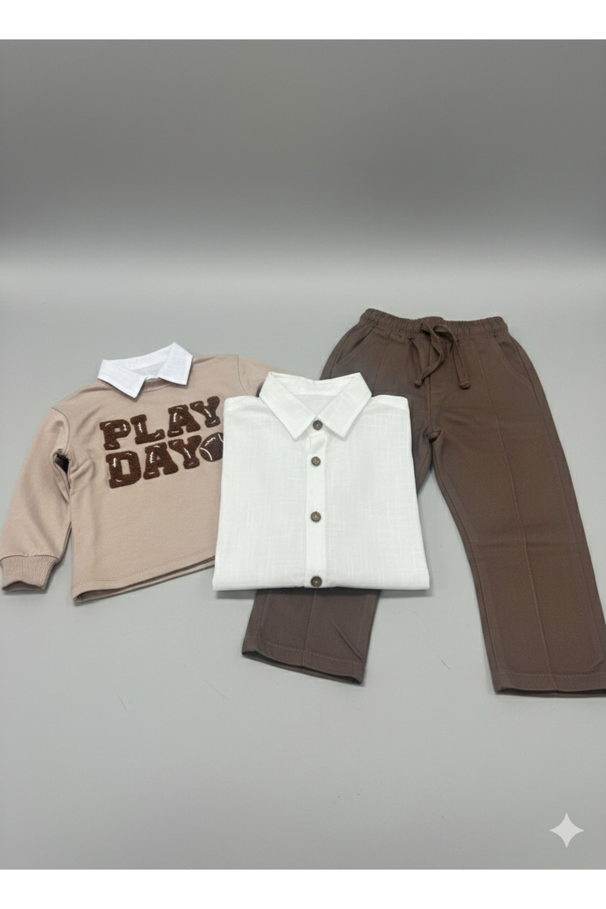 tinytrends Erkek Bebek&Çocuk Play Day Baskılı %100 Pamuk Gömlek Sweatshirt Pantolon 3'lü Takım Elbise Bayramlık fotoğrafı 3 (önizleme)