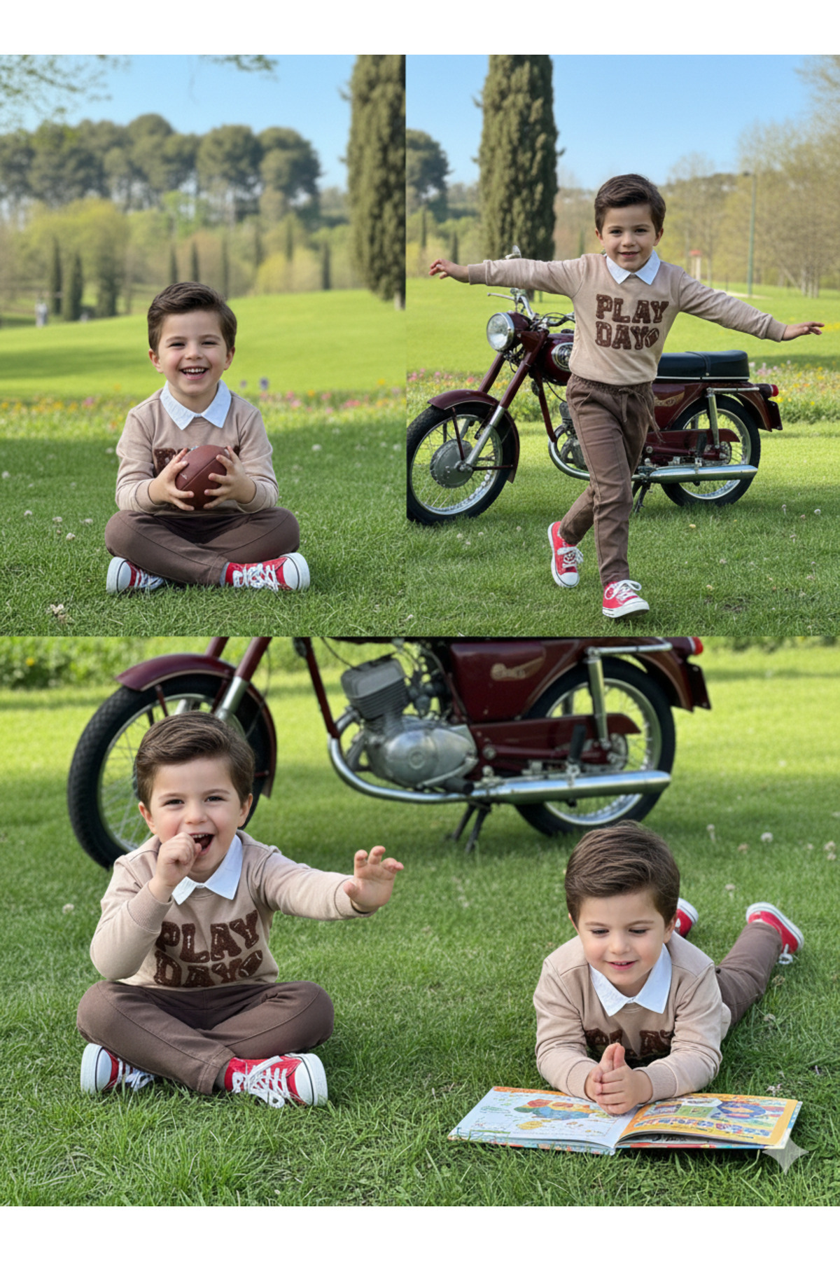 tinytrends Erkek Bebek&Çocuk Play Day Baskılı %100 Pamuk Gömlek Sweatshirt Pantolon 3'lü Takım Elbise Bayramlık fotoğrafı 2 (önizleme)