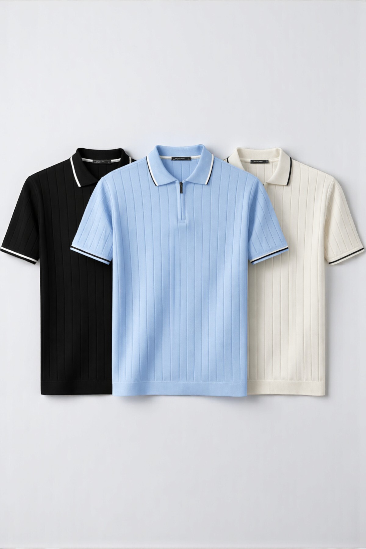 Erkek Fitilli Triko Polo Yaka Tişört 3’lü Set – Terletmeyen Pamuklu Yazlık Likralı