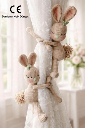 Damla AMİGURUMİ TAVŞAN KARAMEL - 2Lİ PERDE TUTUCU - ORGANİK OYUNCAK