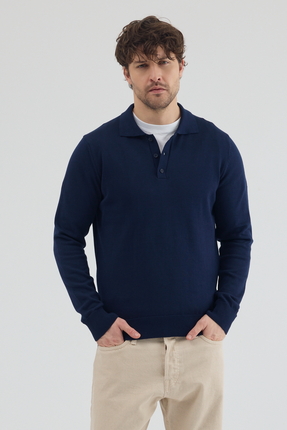 Hateko Saf %100 Pamuk Lacivert Polo Yaka Triko Kazak