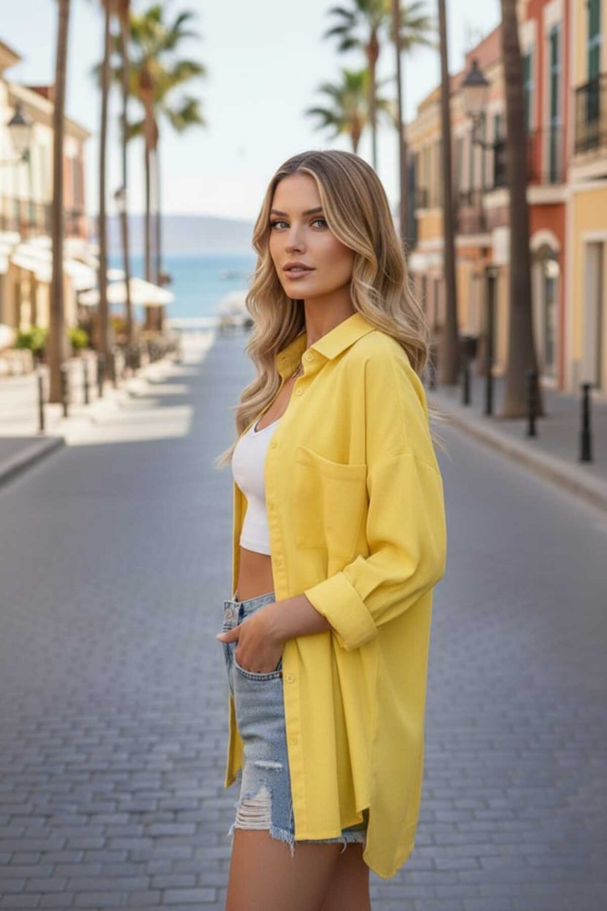 Modabenna  Sarı Oversize Yazlık Pamuk Keten Gömlek Cepli Trend Salaş Düşük Omuz Kadın - Görsel 4
