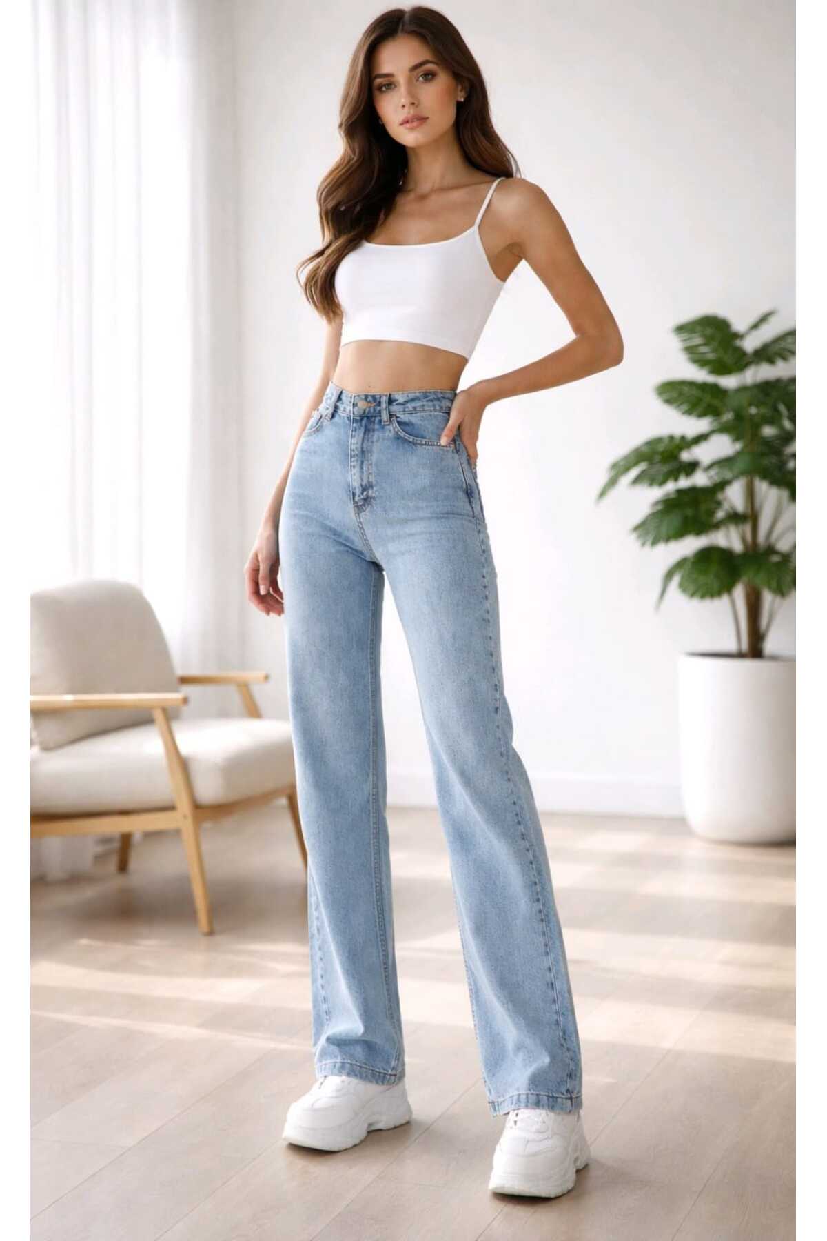 NWC  Açelya Kadın Açık Mavi Kar Yıkama Süper Yüksek Bel Likralı Salaş Paça Denim Palazzo Pantolon - Görsel 7