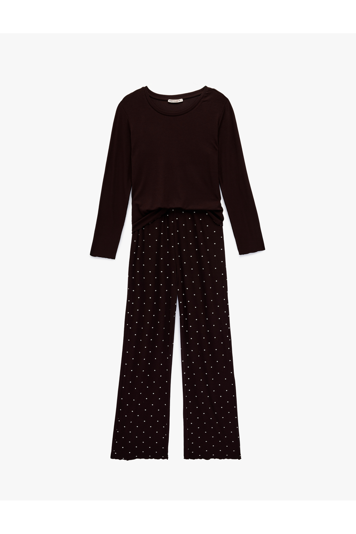 Koton Viskon Kumaş Rahat Kalıp Uzun Kollu Bisiklet Yaka Puantiyeli Pijama Takımı görsel 6