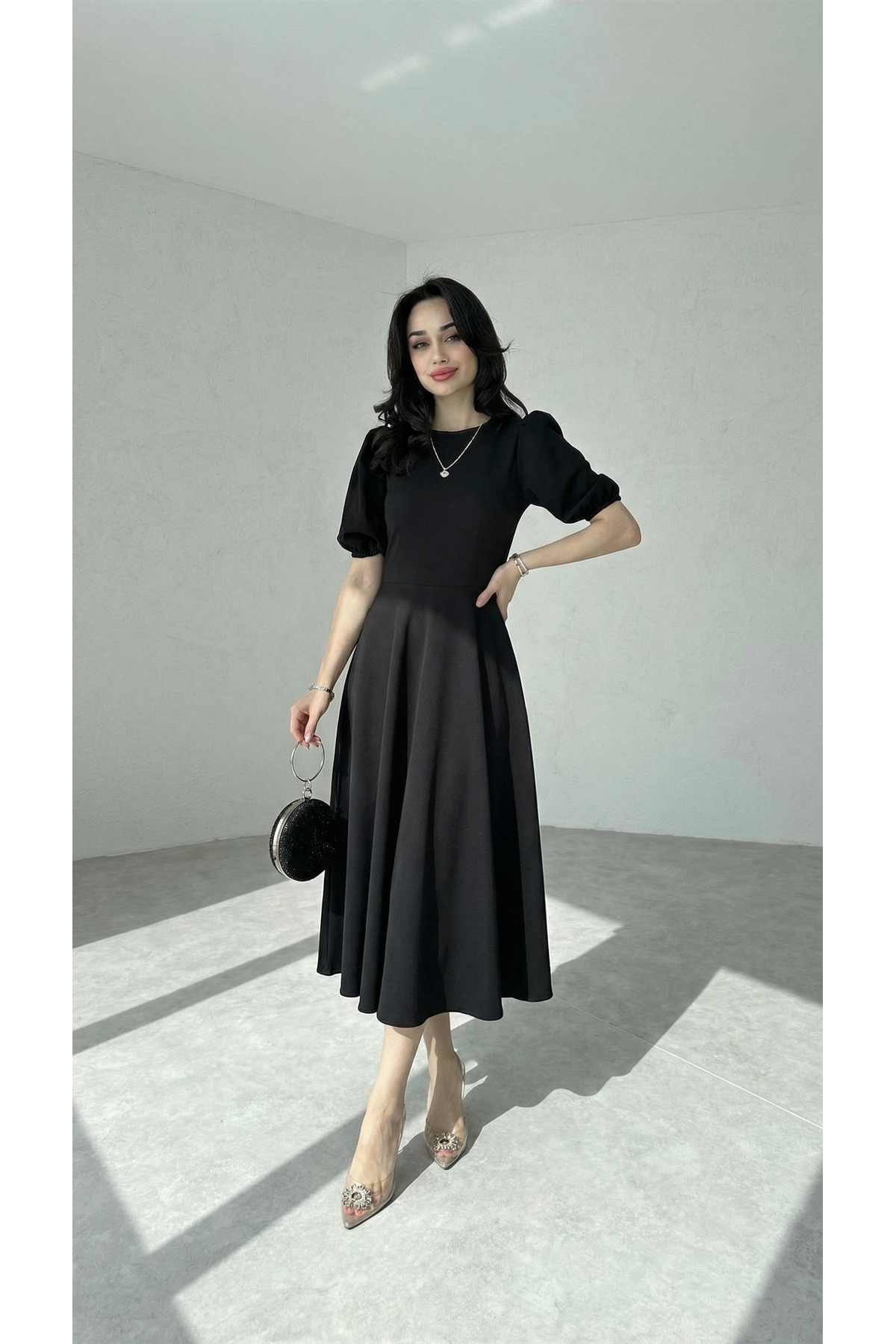 Afiş Butik  Siyah Karpuz Kollu Midi Boy Elbise - Görsel 5