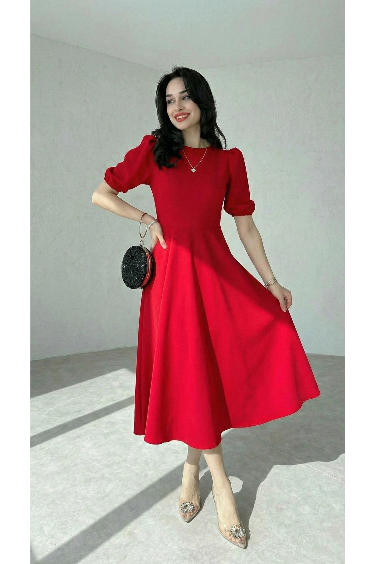 Afiş Butik  Karpuz Kollu Midi Boy Elbise - Görsel 5