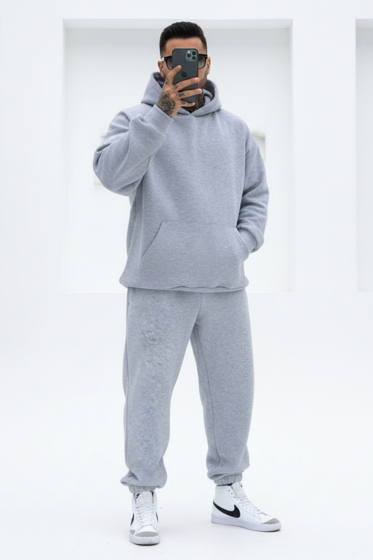 Men's Soft Texture Oversize Kangaroo Hooded Tracksuit with Pockets - Homewear