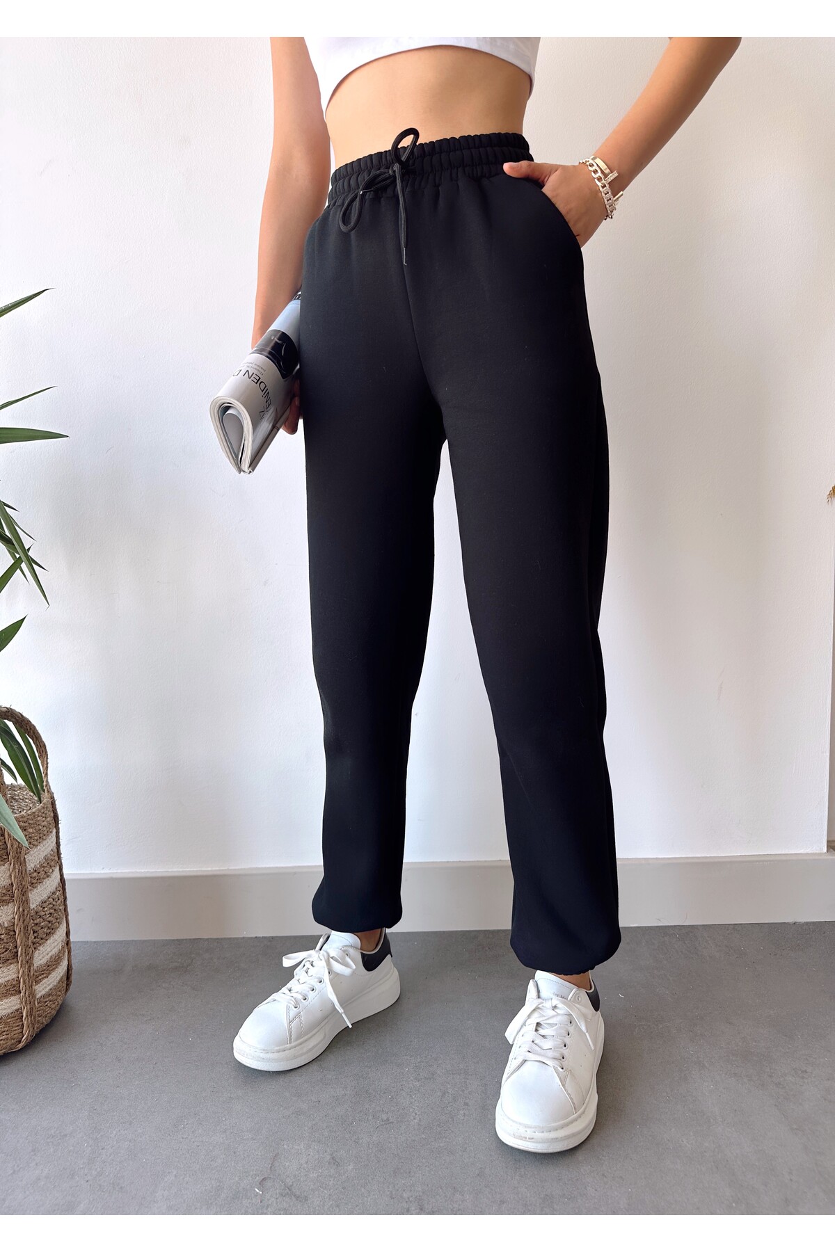 schlank Kadın Siyah Yüksek Bel Paçası Lastikli İçi Polarlı Basic Jogger Eşofman - Eşofman Altı görsel 3