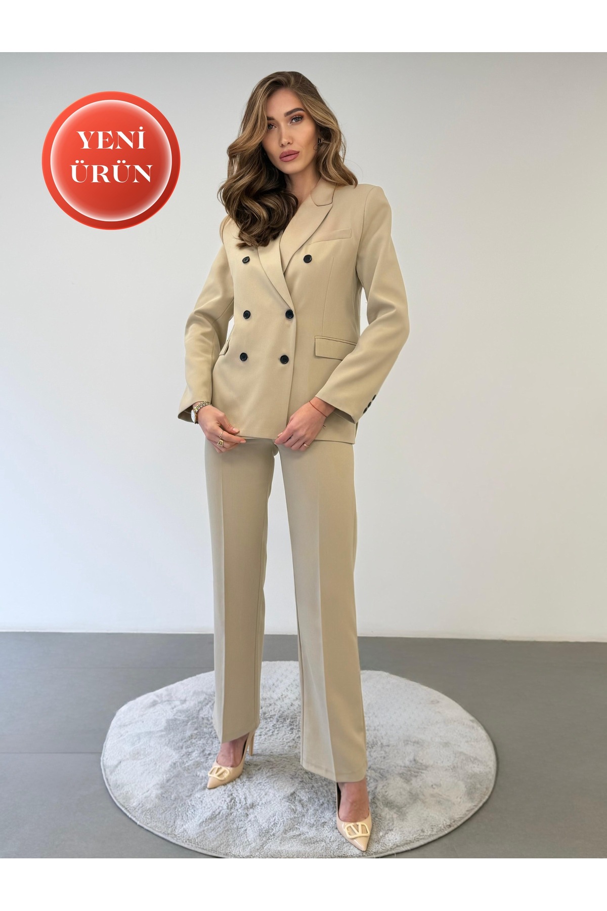 ossons Modern Fit Straight-Leg Trousers Sand Beige Double-Breasted Jacket Office Style Suit
