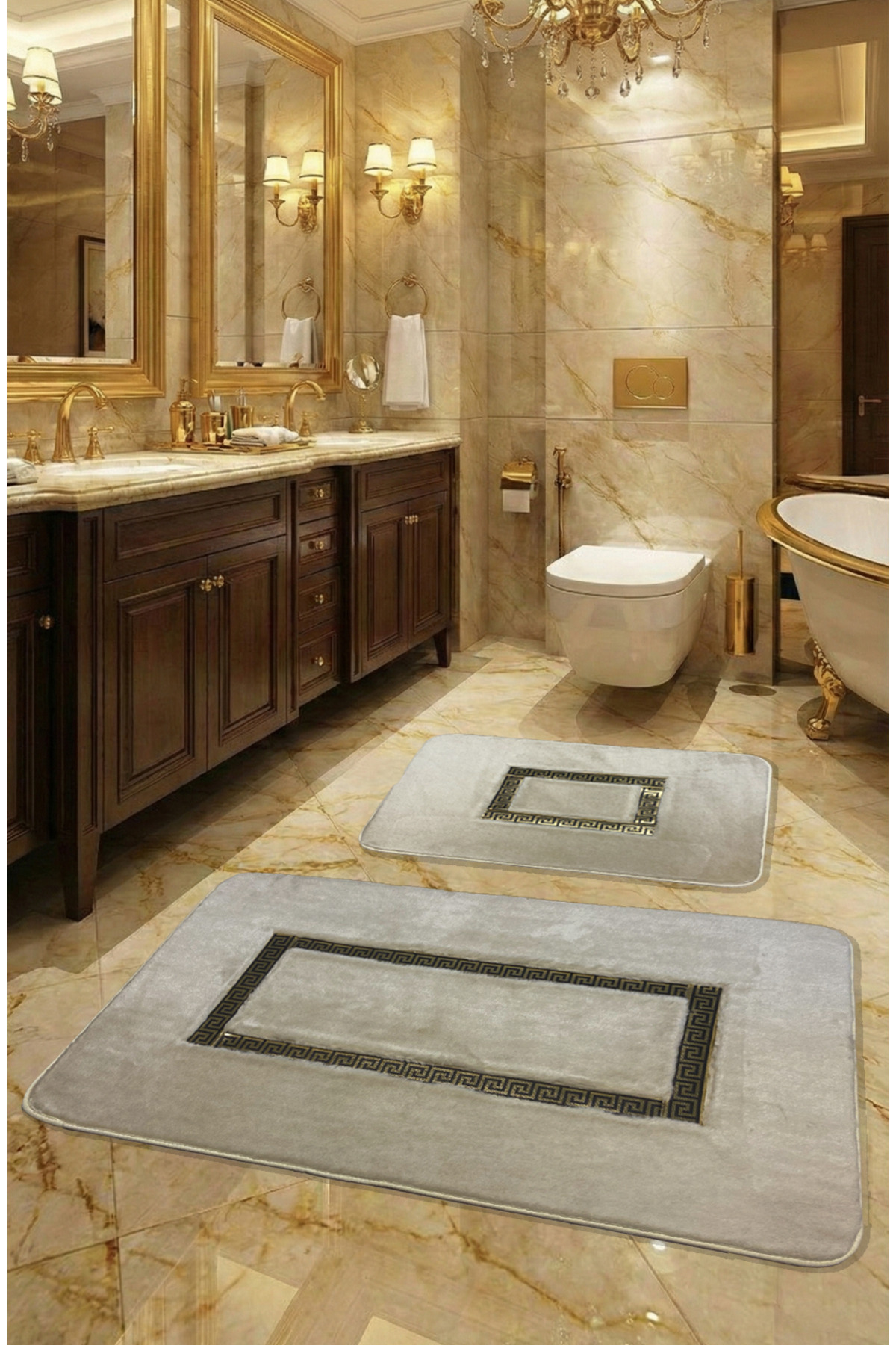 Meram Non-Slip Base, Soft, Absorbent Ultra-Luxurious Leather Detailed Bath Mat Set Cappuccino
