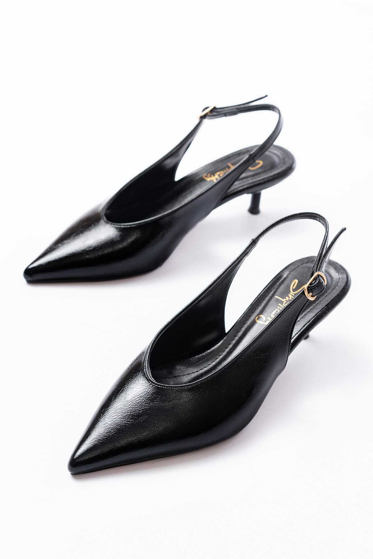 simplicity  Siyah Kırışık Rugan Kitten Topuklu Ayakkabı