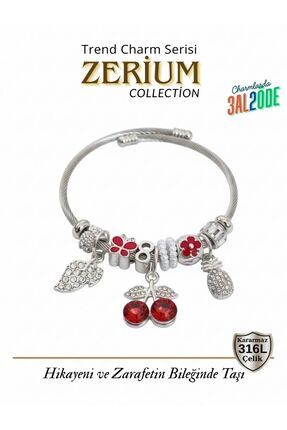 ZERİUM Modern Çelik Şık Kadın Charm Bileklik Kırmızı Kiraz ve Ananas
