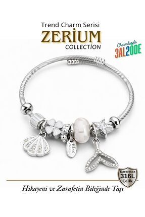 ZERİUM Modern Çelik Şık Kadın Charm Bileklik Deniz Kabuğu ve Balık Kuyruğu