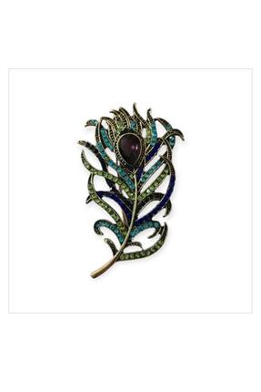 ESJ Kristal Taş Tavus Kuşu Tüyü Kadın Broş Ebat: 3*6,2 cm