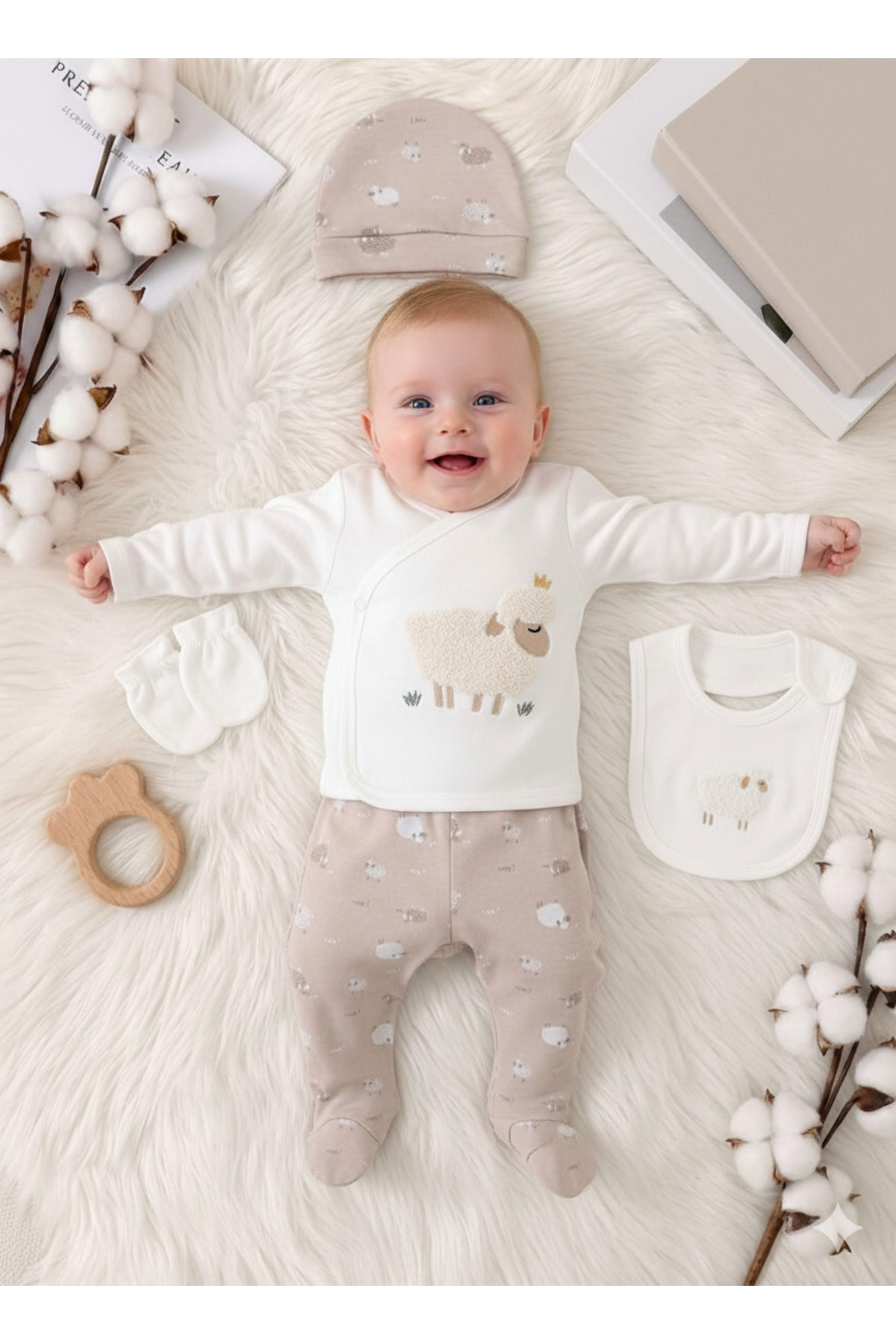 Miniday Baby 5’li Yenidoğan Bebek Hastane Çıkışı Seti Kuzu Baskılı Kız - Erkek % 100 Pamuklu Unisex Basıc fotoğrafı 4 (önizleme)