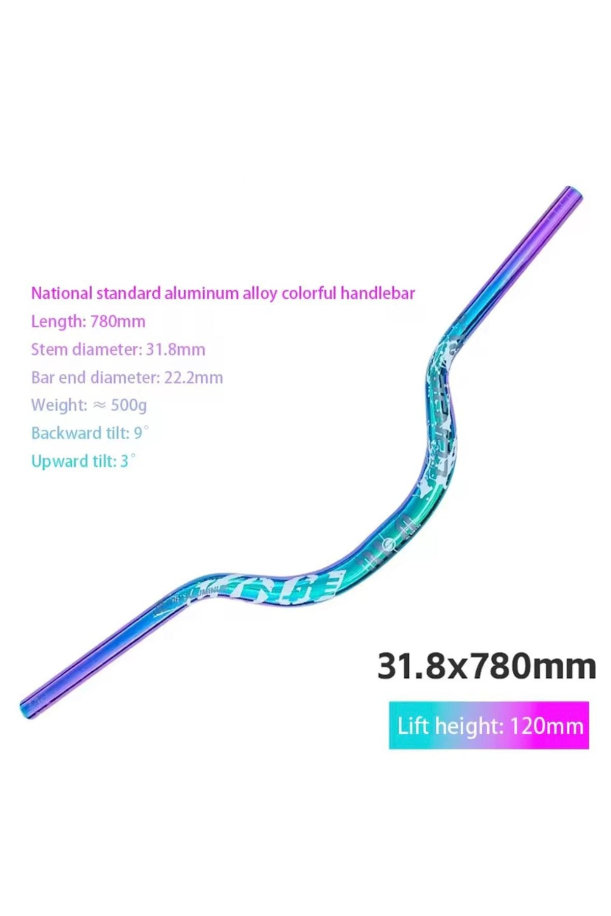 ROBESBON Lunje 120 Rise Eğimli Rainbow 780 mm Alüminyum Bisiklet Gidonu, 31.8 mm