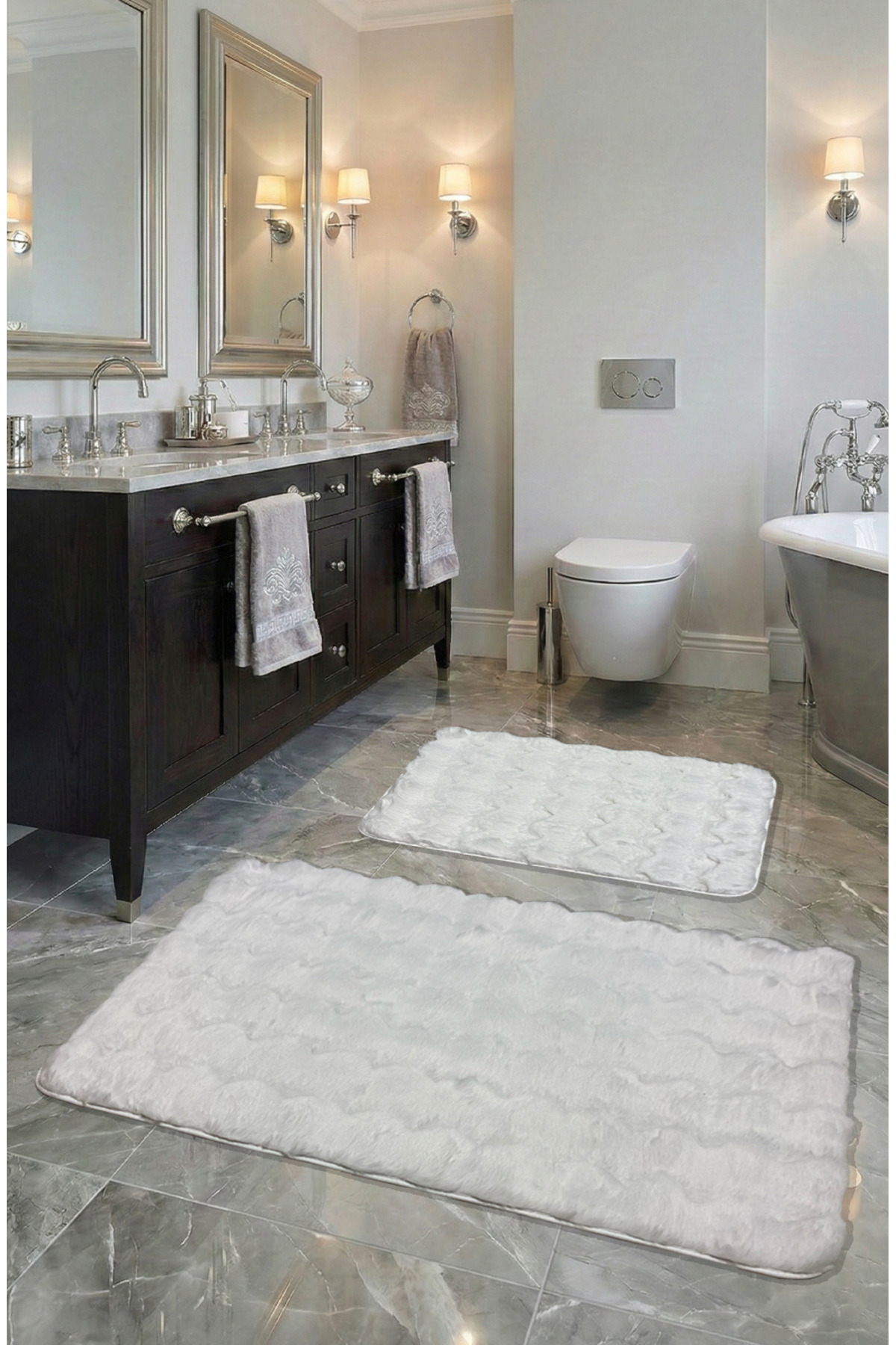 Bubble Rabbit Feather, Anti-Slip Base, Fluffy, Ultra Luxurious, Washable 2pcs Bath Mat Snow White
