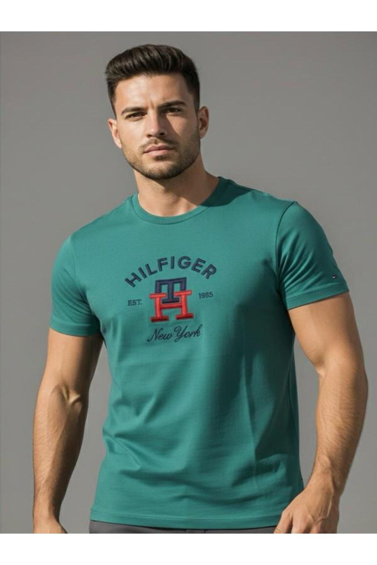 تامی هیلفیگر تی شرت مردانه طرح مونوگرام منحنی، سایز معمولی، نخی