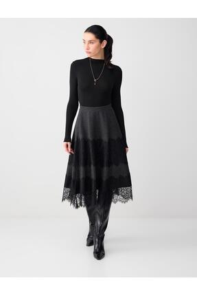 Jimmy Key Antrasit Melanj Dantel Detaylı Yüksek Bel Yumuşak Dokulu Midi Etek