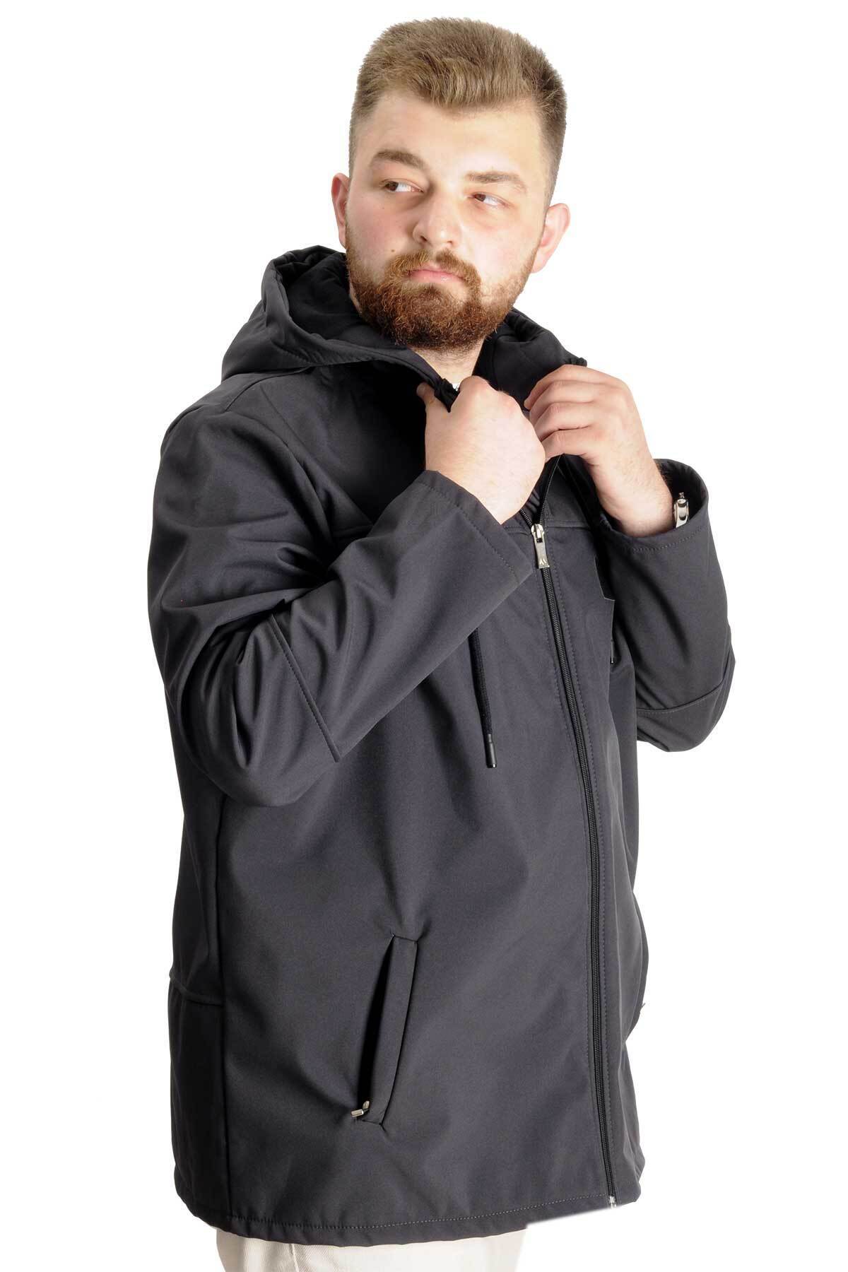 ModeXL Mode Xl Büyük Beden Erkek Kapüşonlu Mont Waterproof Softshell 21235 Antrasit görsel 3
