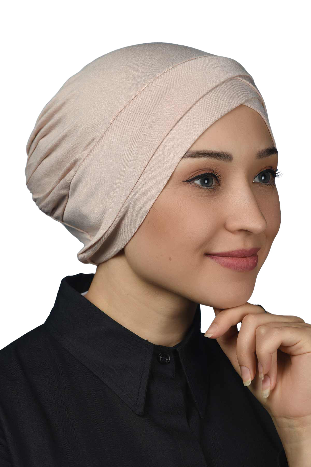 Four Band Cross Outer Modest Cap Ready Turban Combed Cotton - Powder