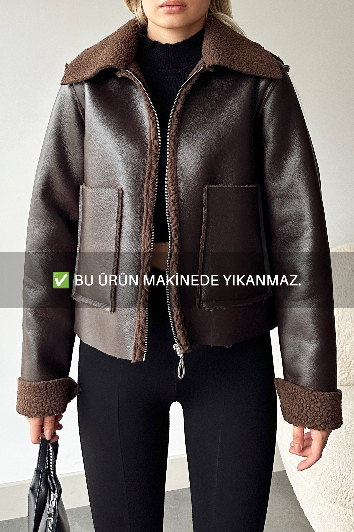VAGGON  Acı Kahve Çift Cepli İçi Suni Kürklü Suni Deri Biker Ceket PRM0408 - Görsel 2