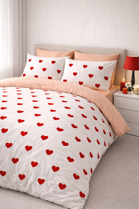 ROSERA HOME Kırmızı Kalpli Lastikli Çarşaflı Nevresim Takımı Çift Kişilik