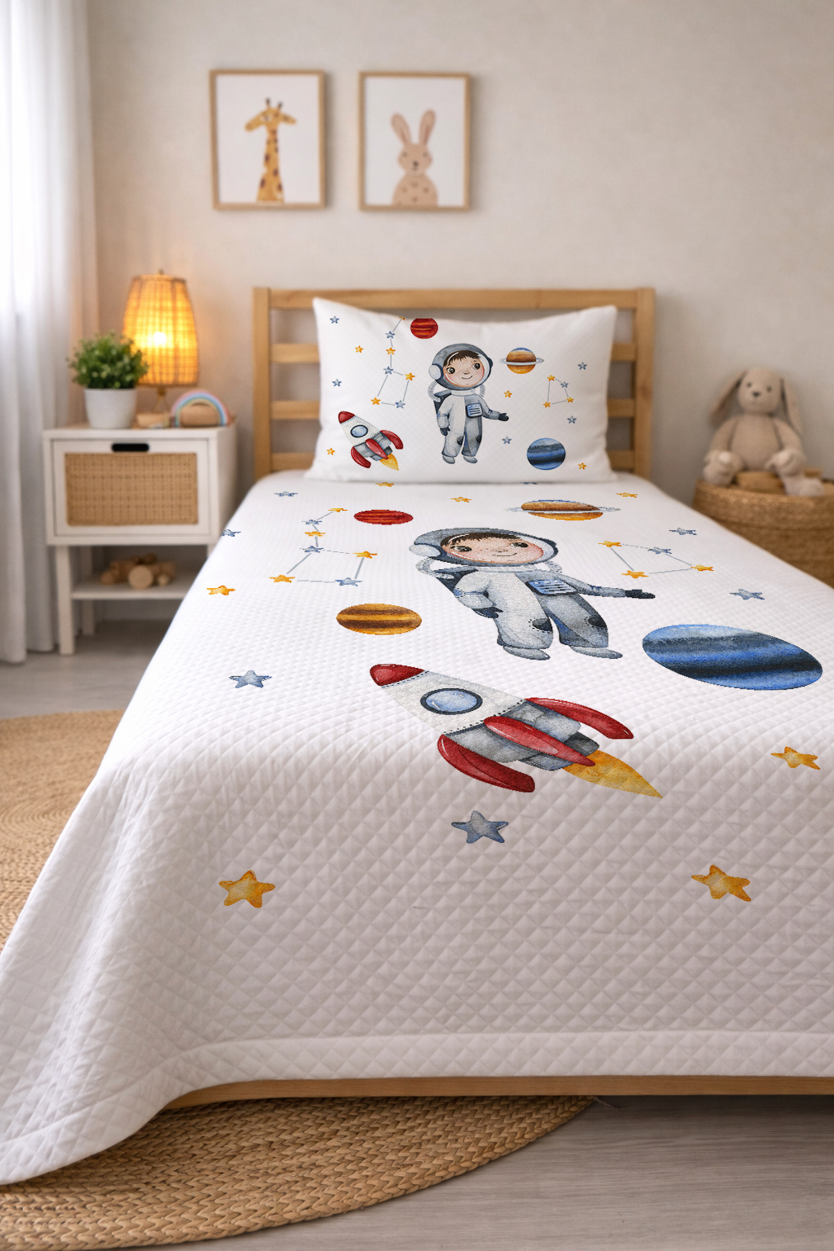 Evmila Astronot Desenli Bebek Ve Çocuk Baskılı Tek Kişilik Pike Takımı 160x230 Beyaz fotoğrafı 2 (önizleme)