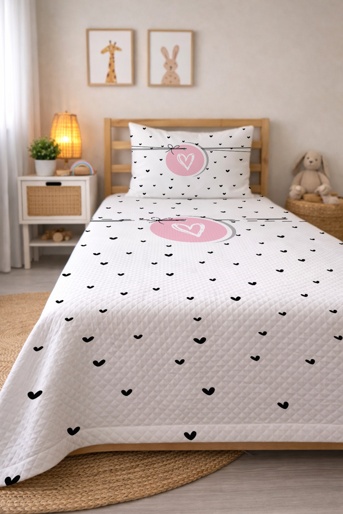 Evmila Kalp Desenli Bebek Ve Çocuk Baskılı Tek Kişilik Pike Takımı 160x230 Beyaz fotoğrafı 2 (önizleme)