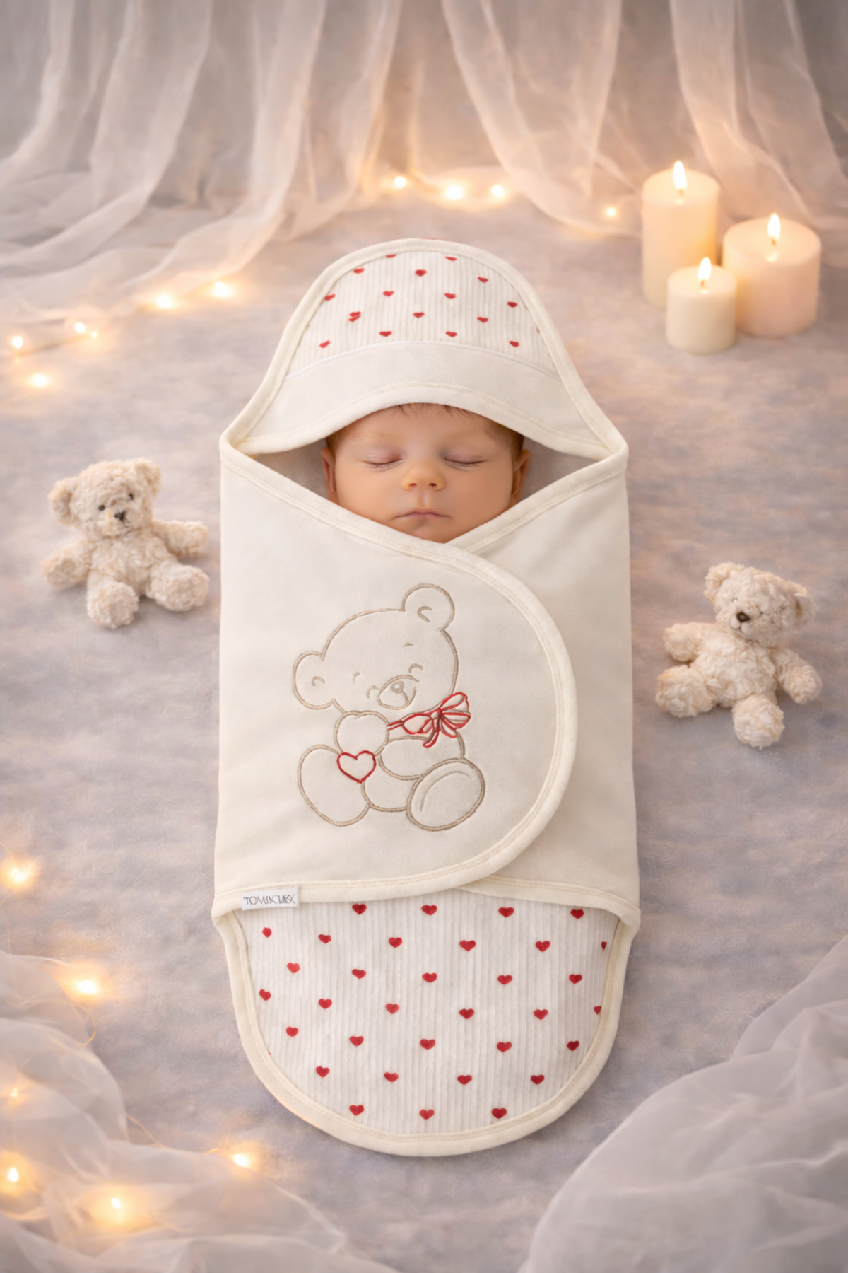 Tomuycuk %100 Pamuklu Kalp Desenli Kız Bebek Kundak Battaniyesi Uyku Tulumu 0-9 Ay Ortopedik – Nakış Detaylı fotoğrafı 3 (önizleme)