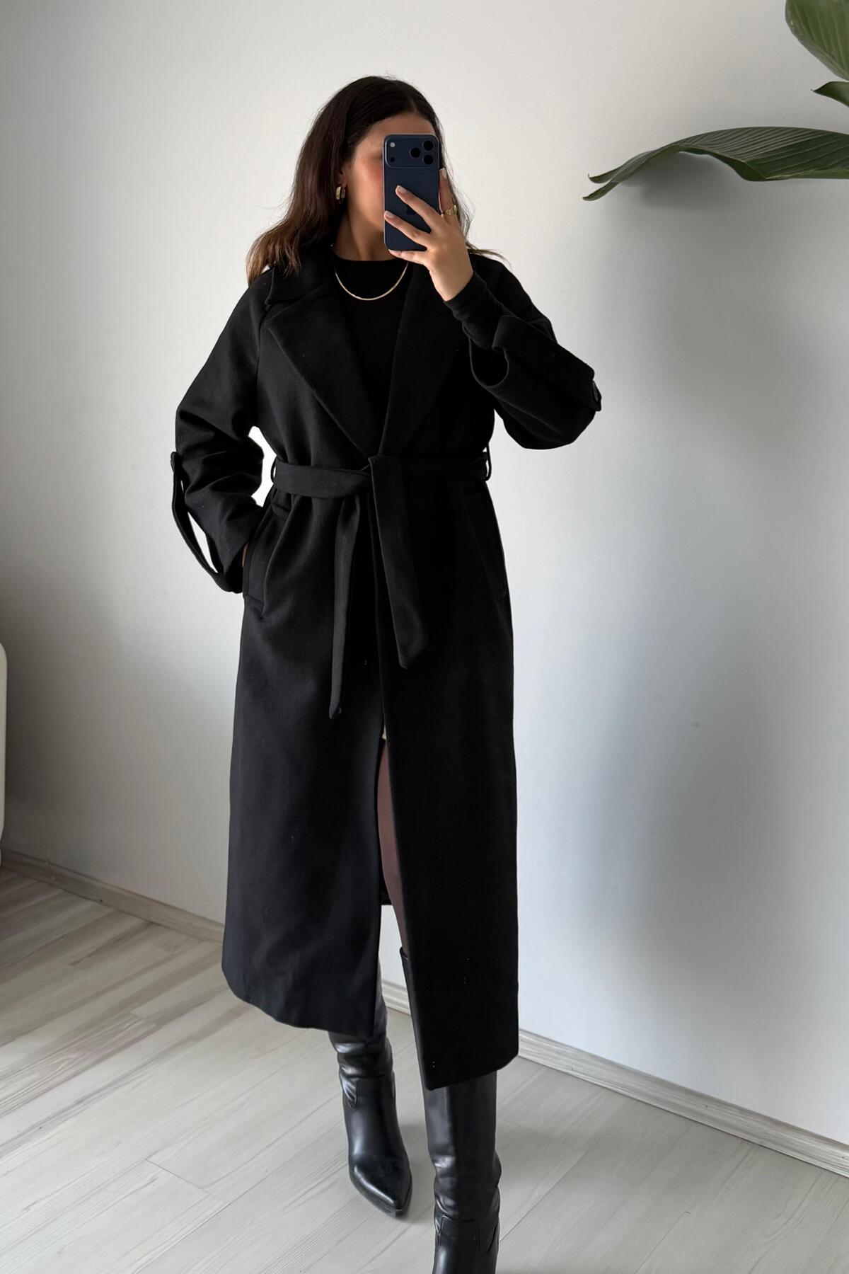 Güneş  Oversize Kemerli Kaşe Palto - Görsel 2