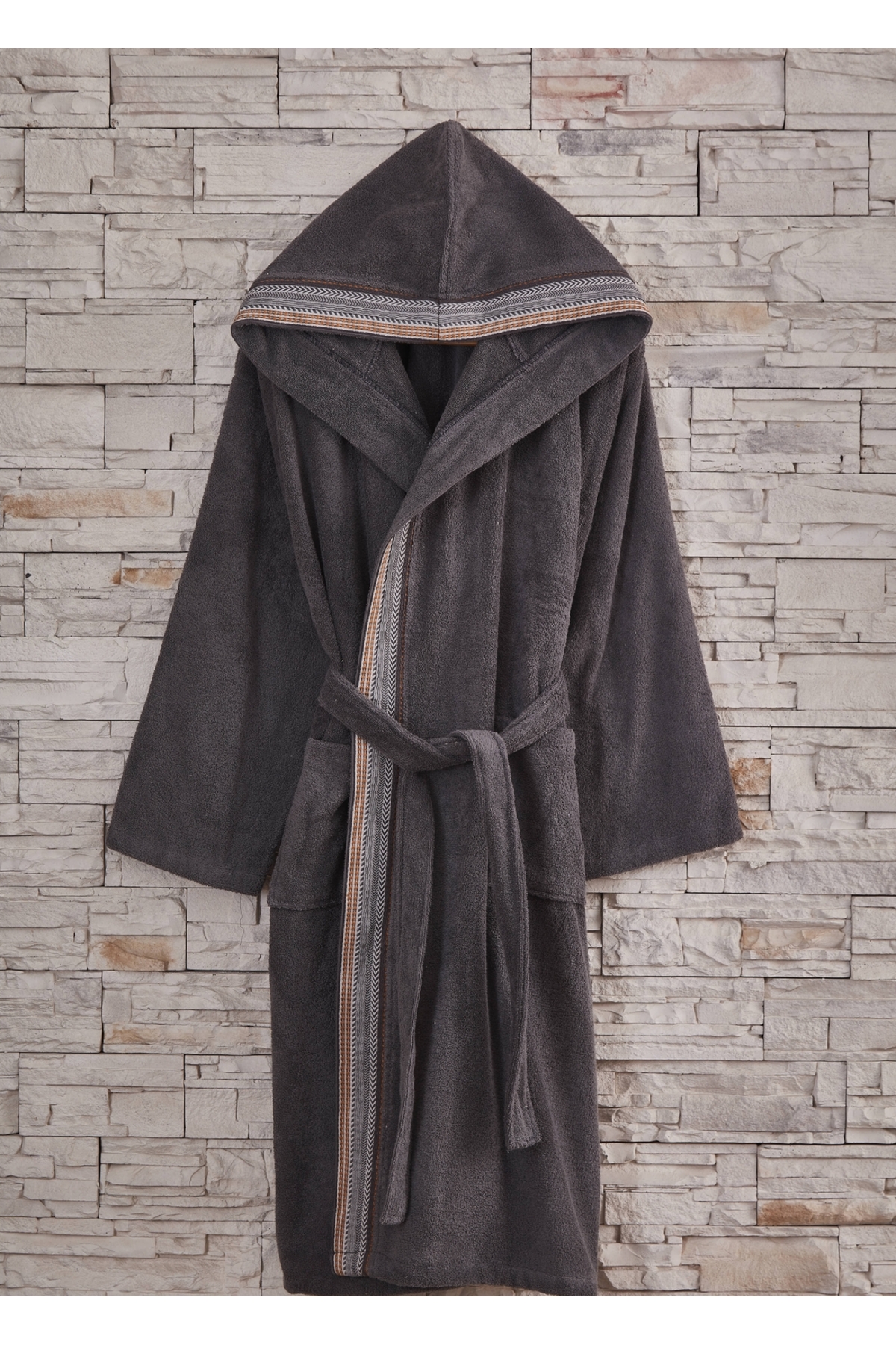 Men's Hooded Jacquard Cotton Single Bathrobe - Gray