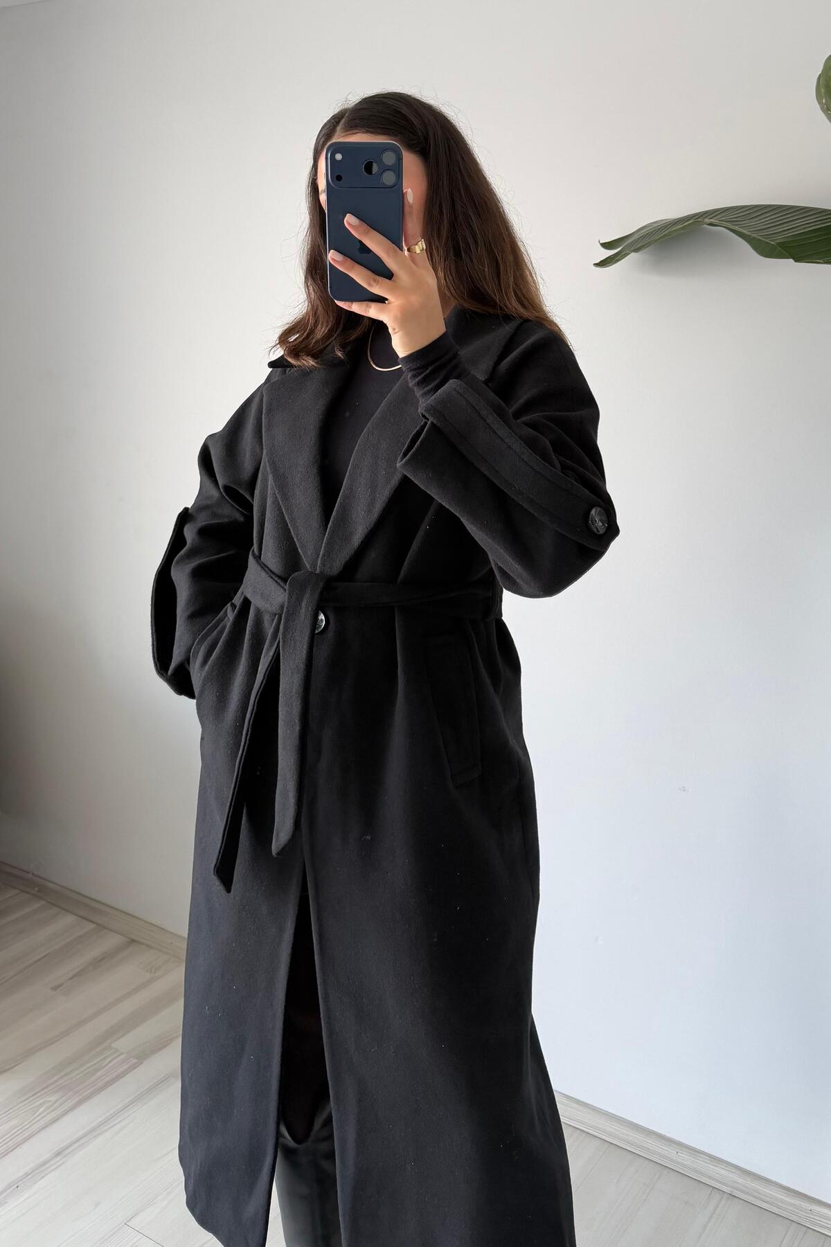 Güneş  Oversize Kemerli Kaşe Palto