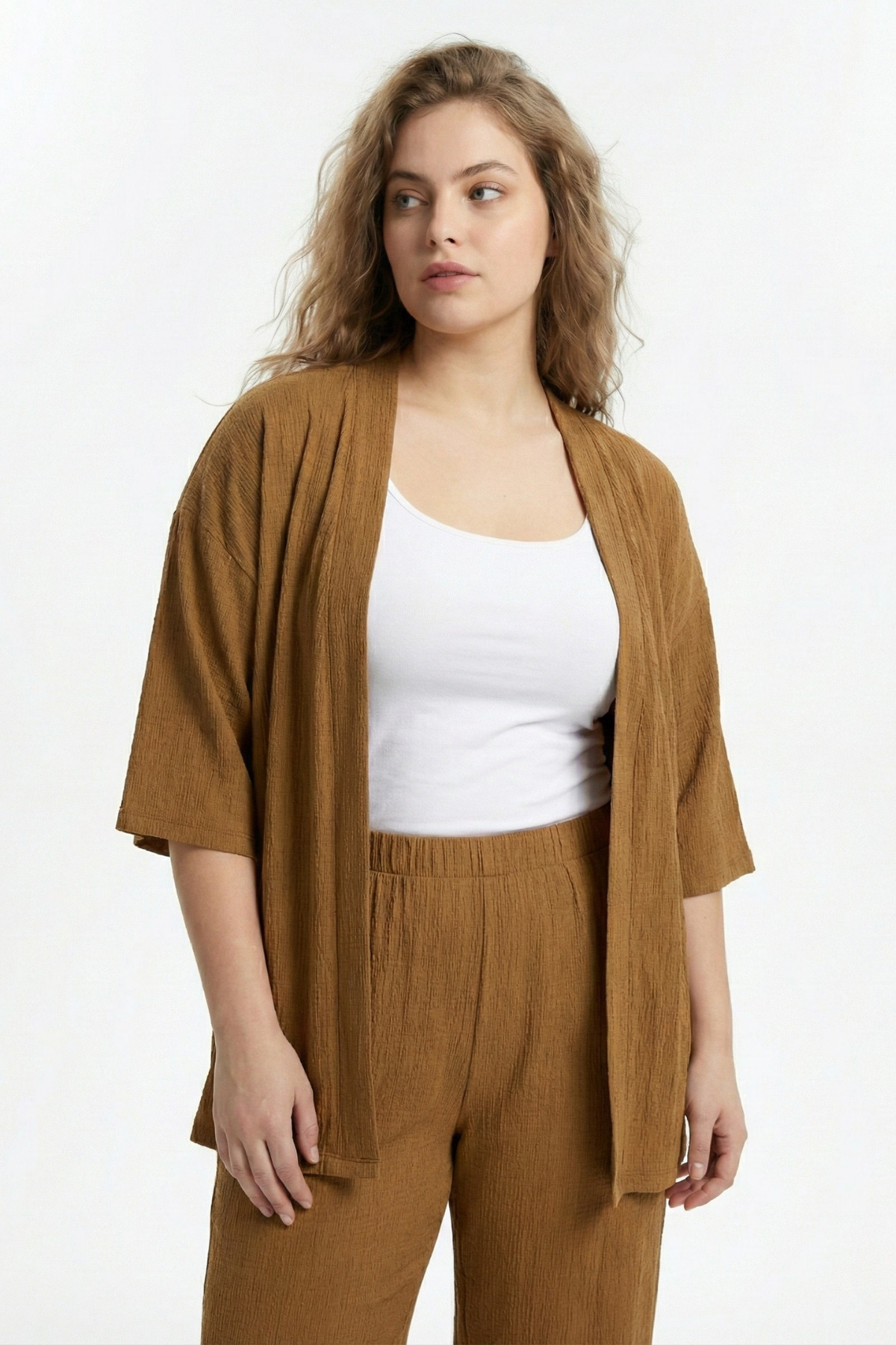 Talvien  Büyük Beden Kimono Hırkalı 2’li Takım – Bürümcük Kumaş Oversize Şık Set - Görsel 2