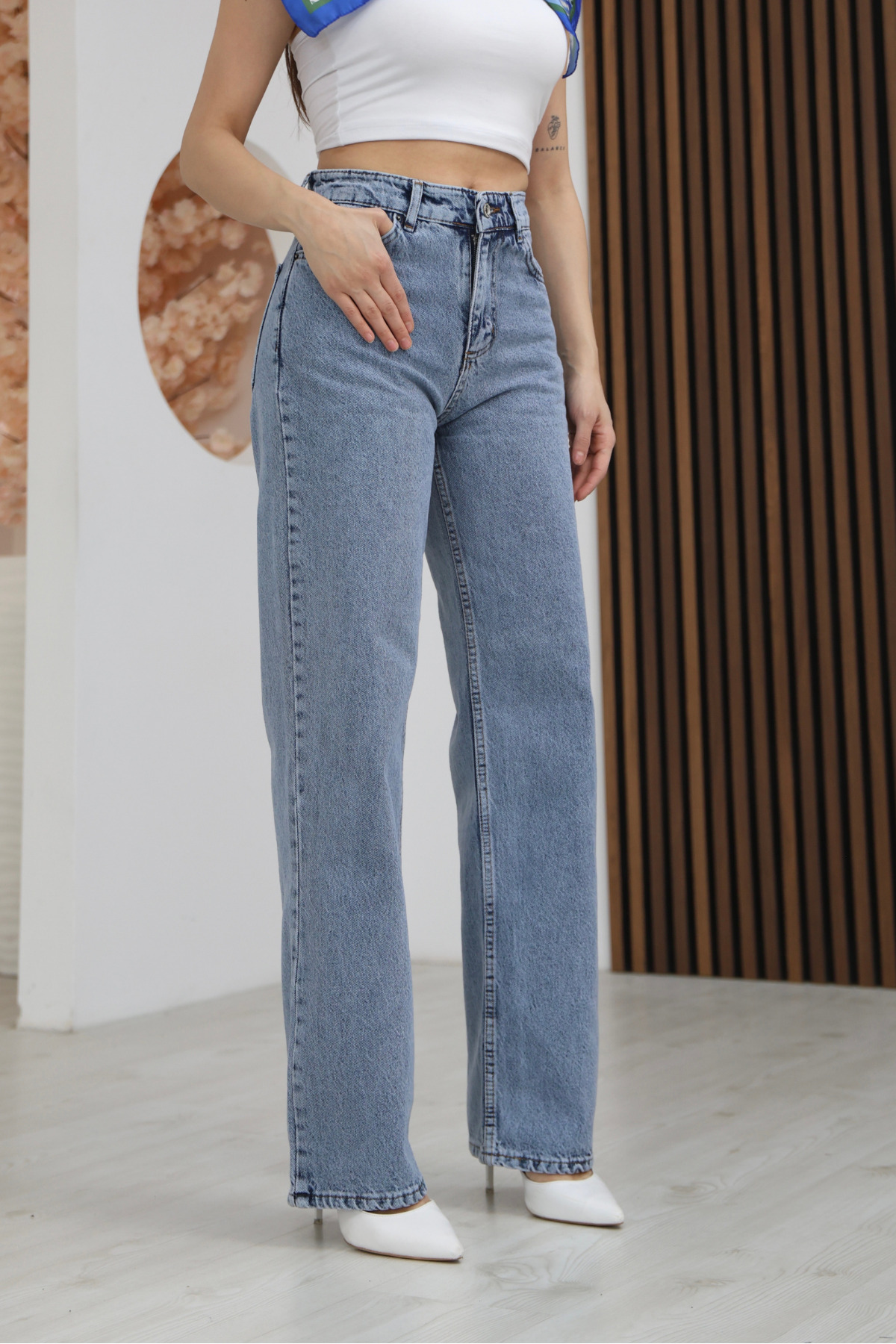 macharel jeans Kadın Yüksek Bel Jean Kot Palazzo Pantolon görsel 8